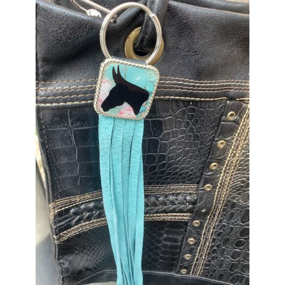 Handmade mule lover boho Leather Fringe Western bag charm, Long fringe keychain - Picture 2 of 4